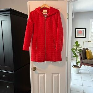 Kate Spade New York Vibrant Red Fitted Hooded Quilted Jacket for Layering